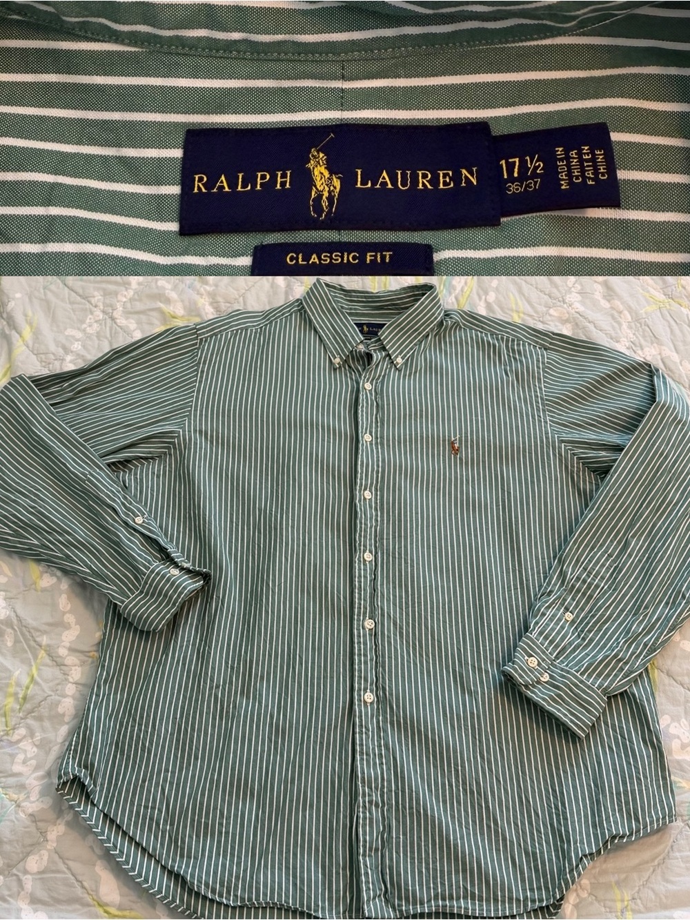 Vintage Ralph Lauren Green Striped Classic Fit Button-Down Shirt | Men’s XL